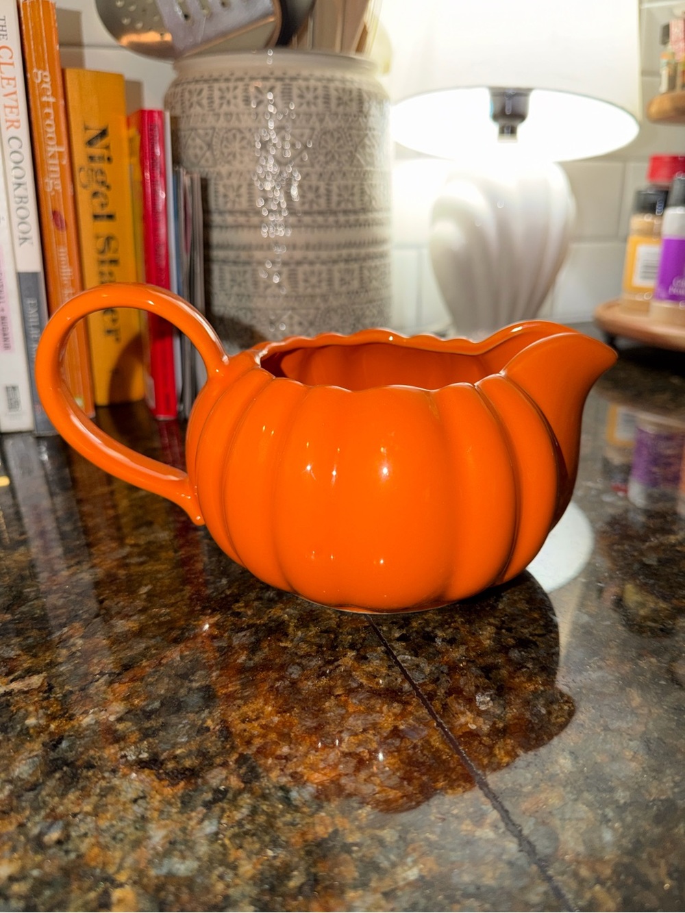 Crofton Orange Ceramic Pumpkin-Shaped Gravy Boat - Home Kitchen